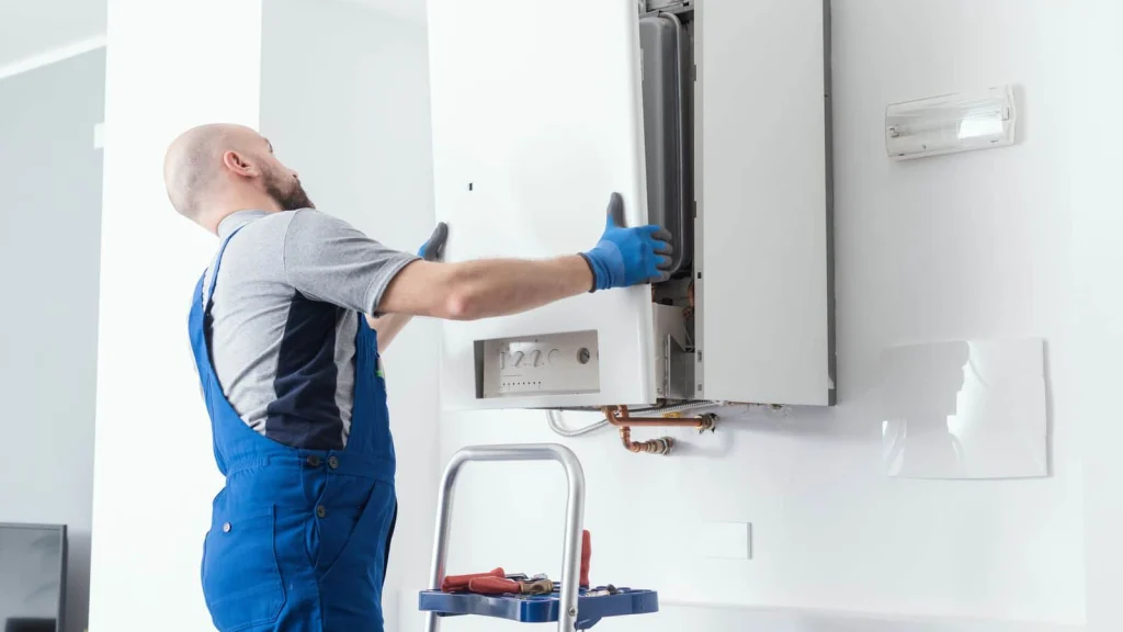 B. Carlson plumber opening a tankless water heater for service in Albuquerque, NM