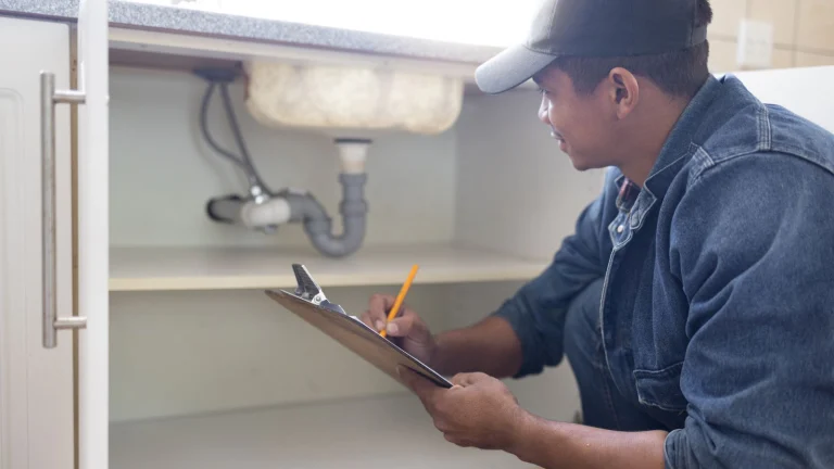 Plumber inspecting under a sink while taking notes on a clipboard