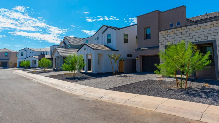 A street lined with homes in a desert community.