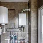 A newly installed tankless water heater located in a water closet in a new home