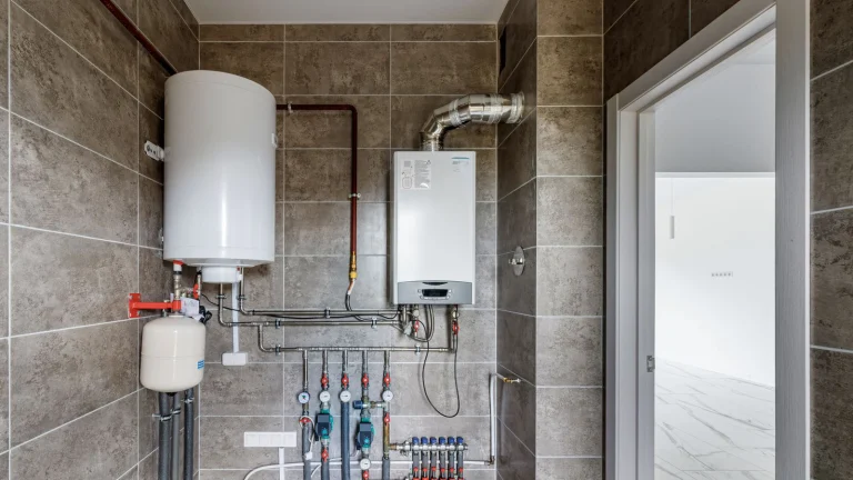 A newly installed tankless water heater located in a water closet in a new home
