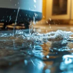 A leaking water heater in a home with pooling water around it, generated by AI