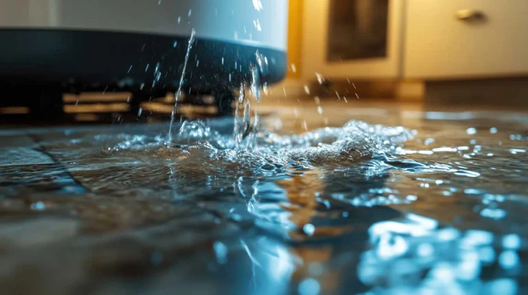 A leaking water heater in a home with pooling water around it, generated by AI