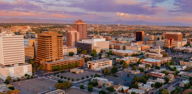 The Albuquerque business district at sunset
