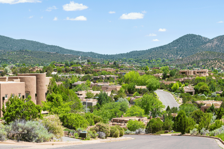 A typical neighborhood of Pueblo style homes in Santa Fe NM
