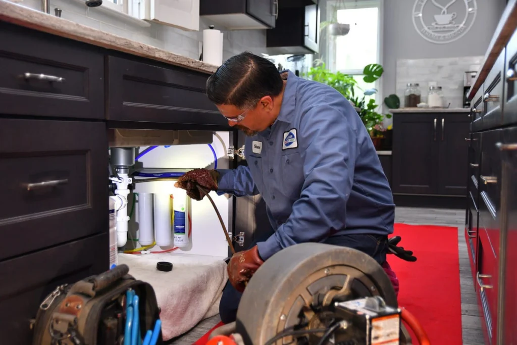 Plumber clearing an under-sink drain in a modern Albuquerque kitchen