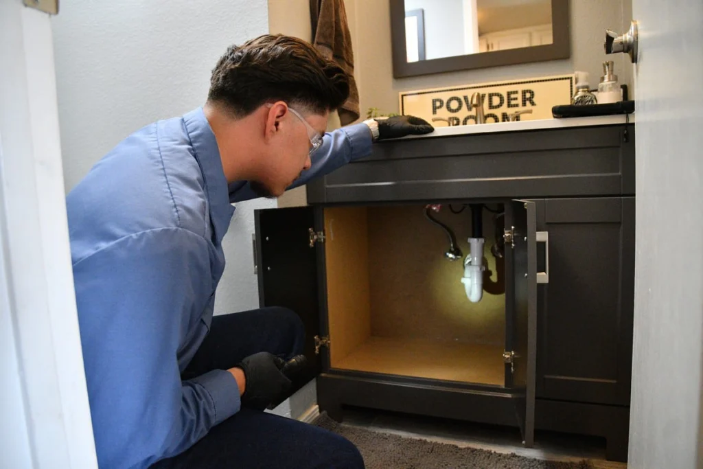 Plumber inspecting under sink cabinet in Albuquerque, NM