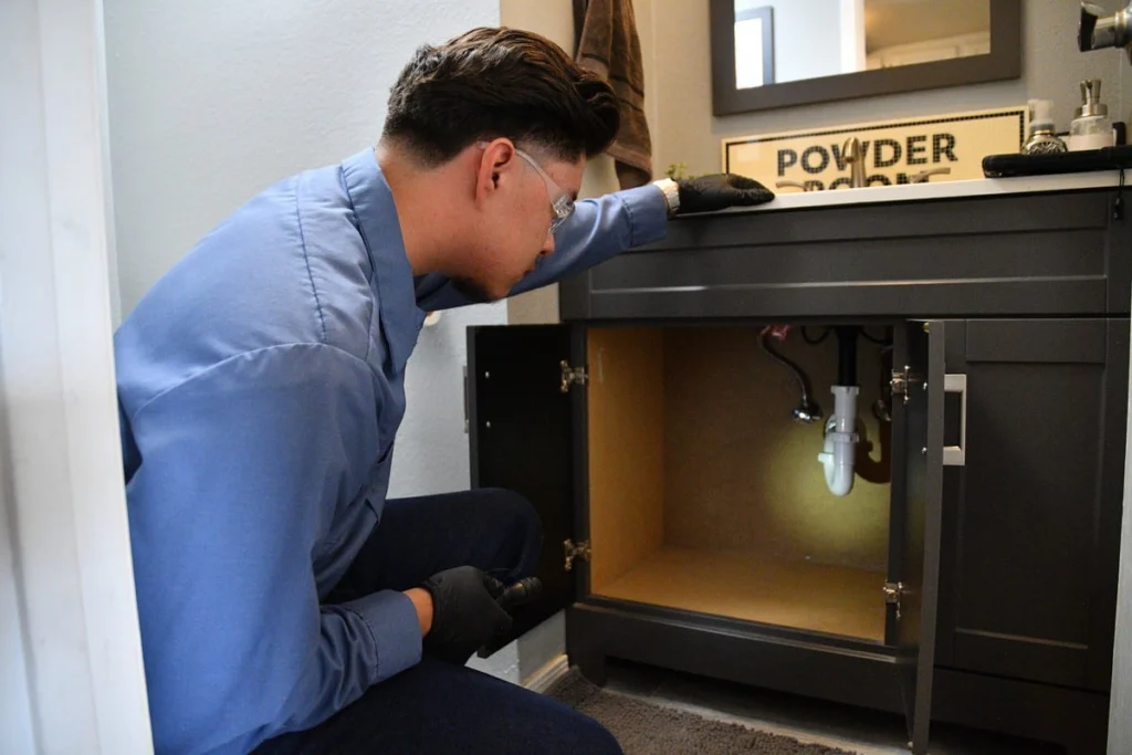 Plumber inspecting under sink plumbing in Albuquerque, NM