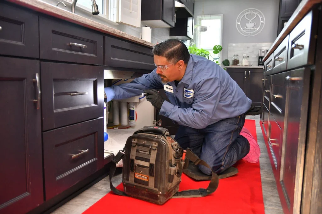 Professional plumber inspecting a kitchen drain system in Albuquerque, NM