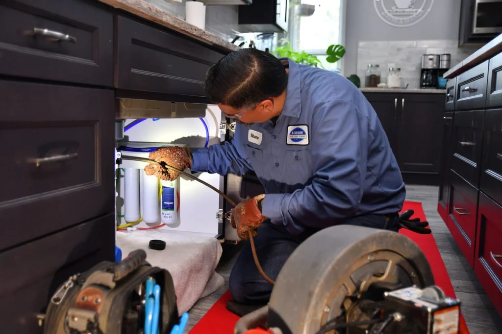 Professional plumber performing under-sink drain maintenance in Albuquerque, NM