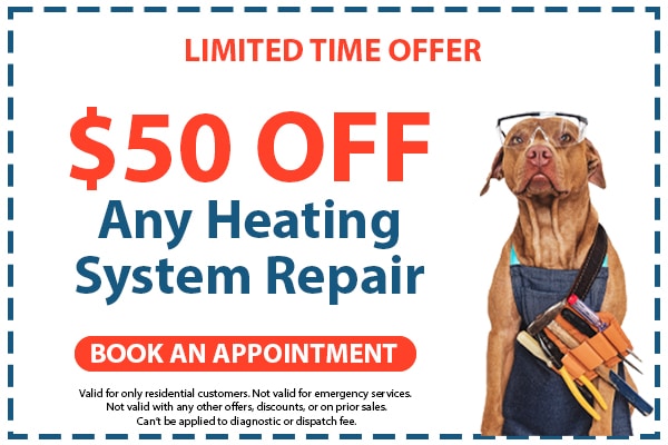 Image of a coupon for $50 off any heating system repair. Click here to book an appointment.