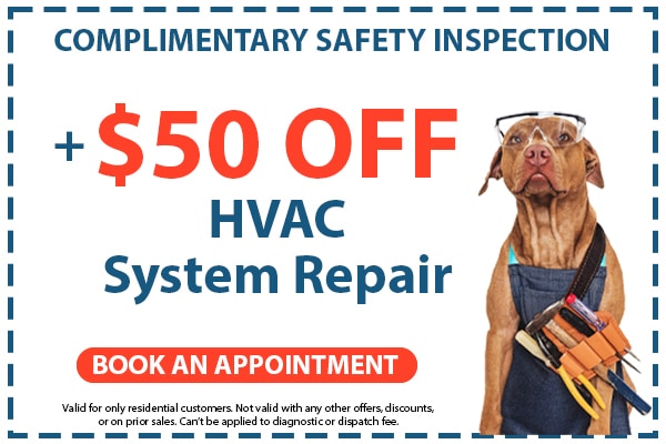 Image of a coupon for $50 off any HVAC system repair. Click here to book an appointment.