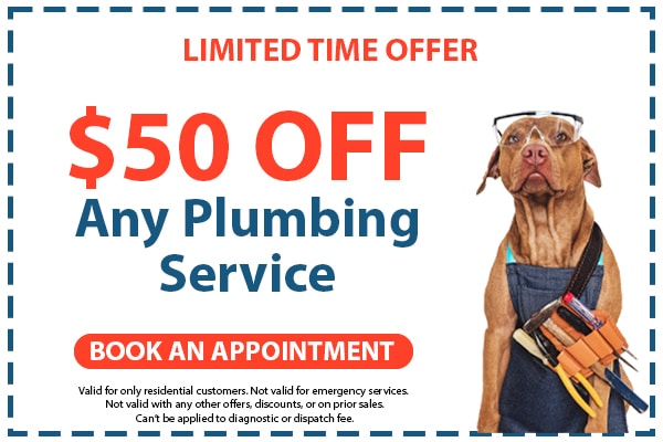 Image of a coupon for $50 off any plumbing service. Click here to book an appointment.