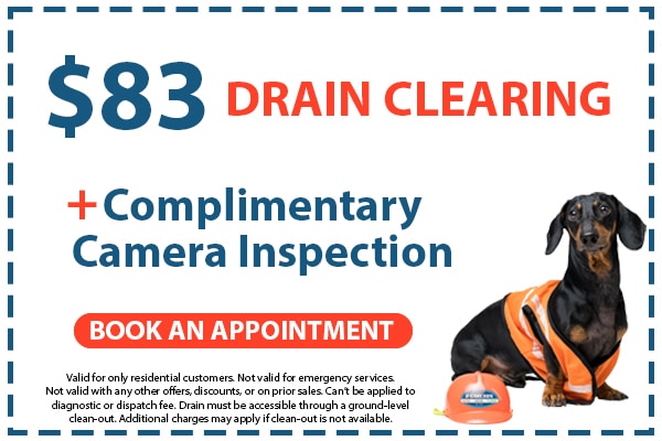 Image of a coupon for $83 drain clearing plus a complimentary camera inspection. Click here to book an appointment.