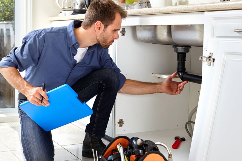 A plumber inspecting pipes under a sink