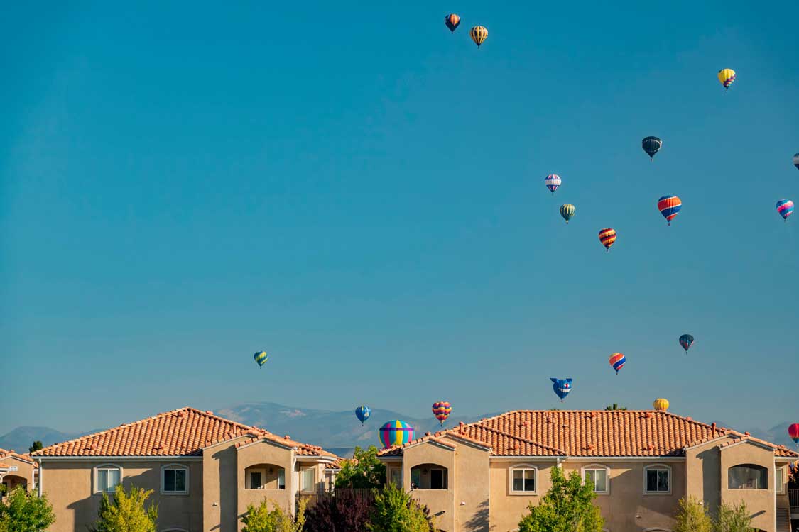Colorful balloons over suburban Albuquerque rooftops.