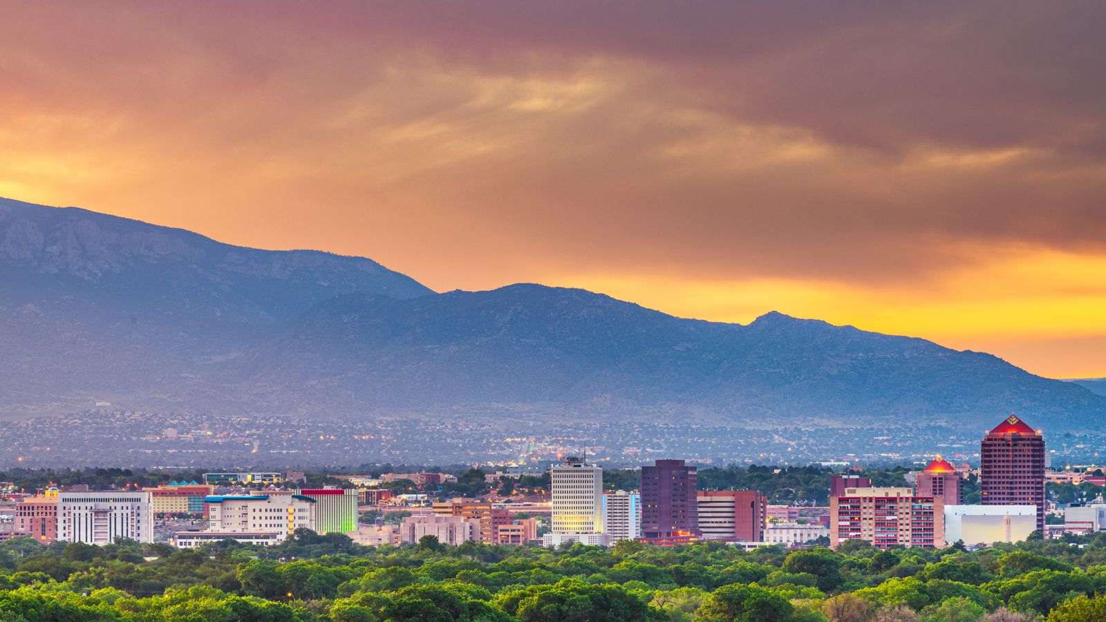 Albuquerque skyline and mountain range at sunset