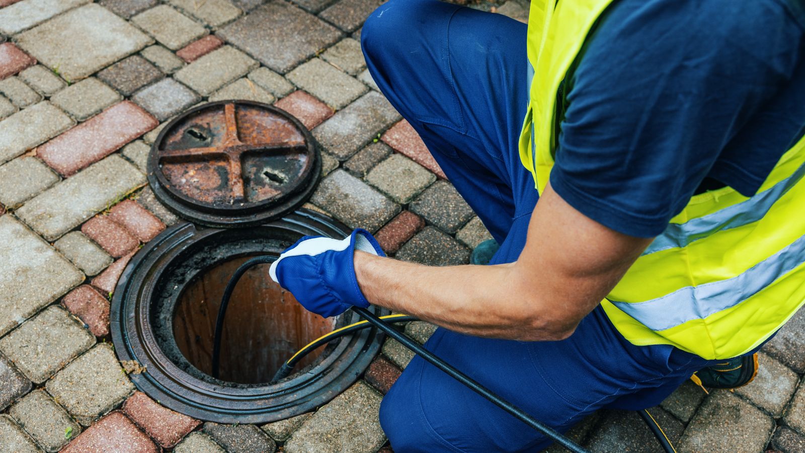 Plumber conducting sewer line inspection