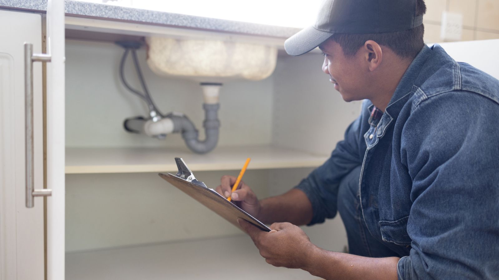 Plumber inspecting under a sink while taking notes on a clipboard