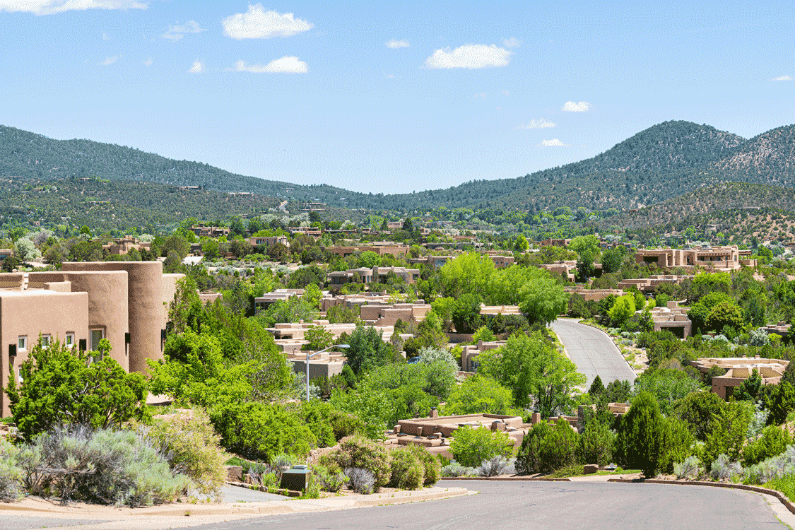 A typical neighborhood of Pueblo style homes in Santa Fe NM