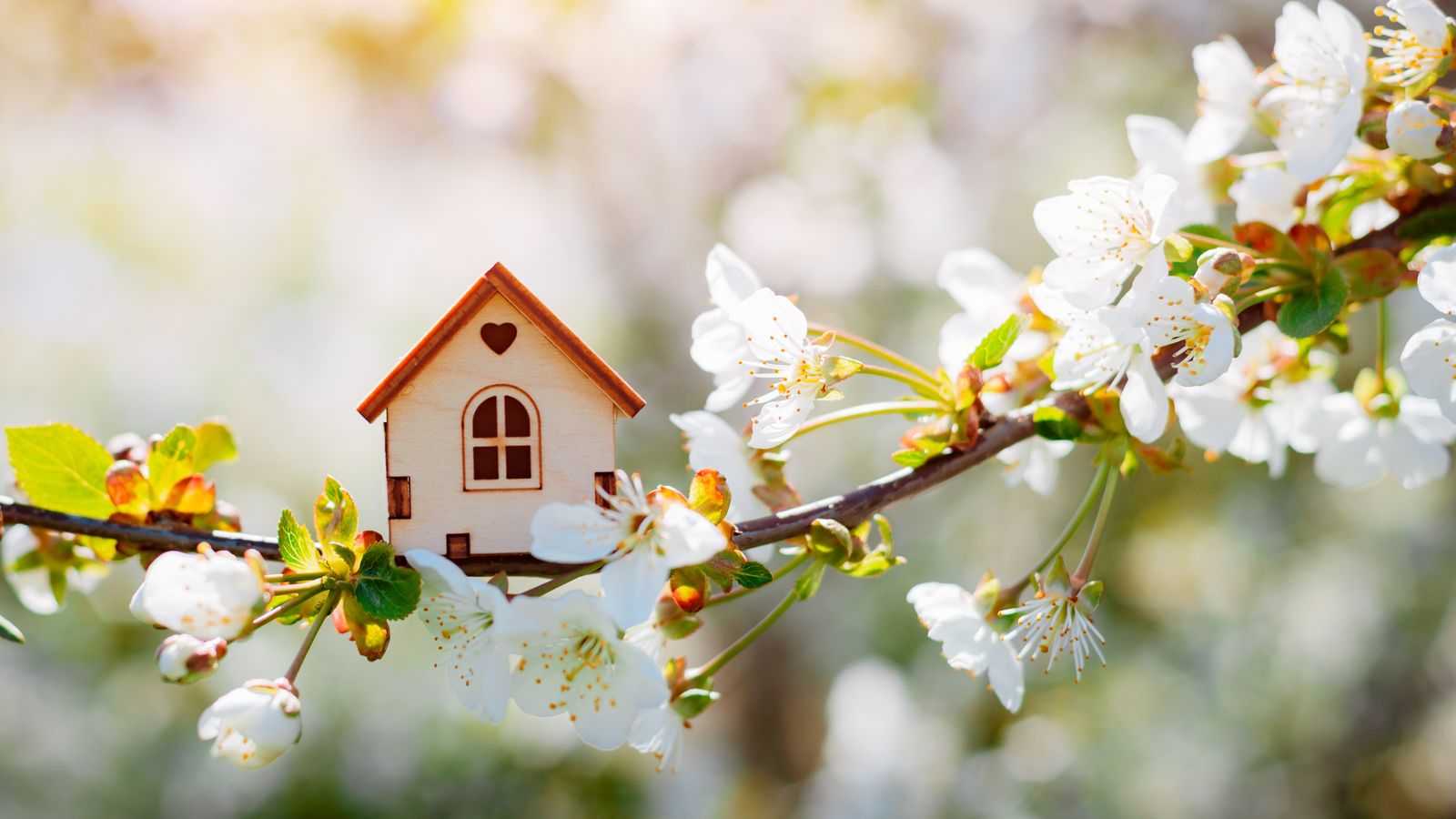 A tiny model home sitting on a branch of a flowering tree.