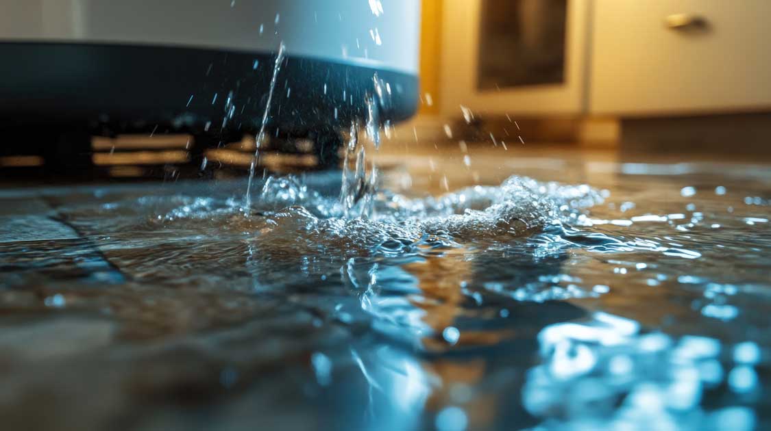 A leaking water heater in a home with pooling water around it, generated by AI